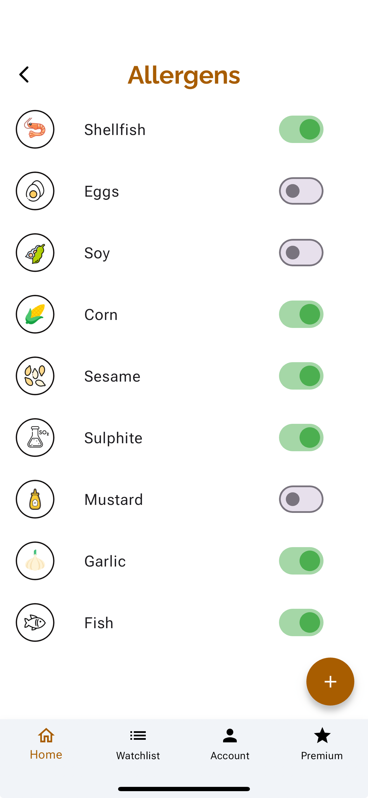 Allergens settings